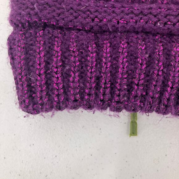 C.C Exclusives Purple Tan Metallic Cable Knit Faux Fur Pom One Size Beanie Hat - Picture 4 of 7